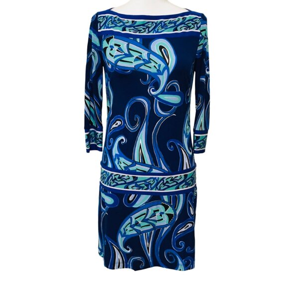 Drop Waist Dress Blue White Green Swirls ¾ Sleeves Stretch Ali Ro Women’s Size 2 - Picture 1 of 16